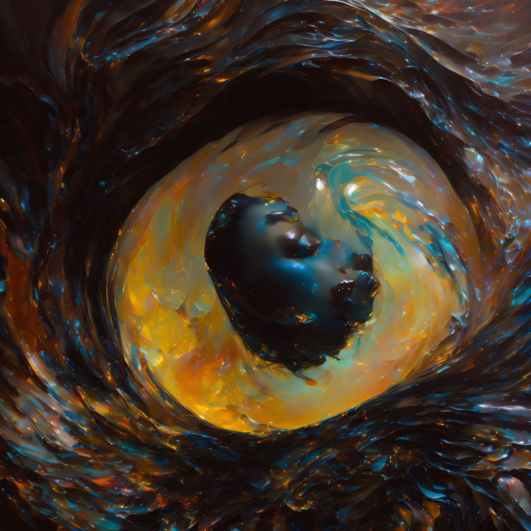 Colorful surreal portrait emerging from swirling vortex