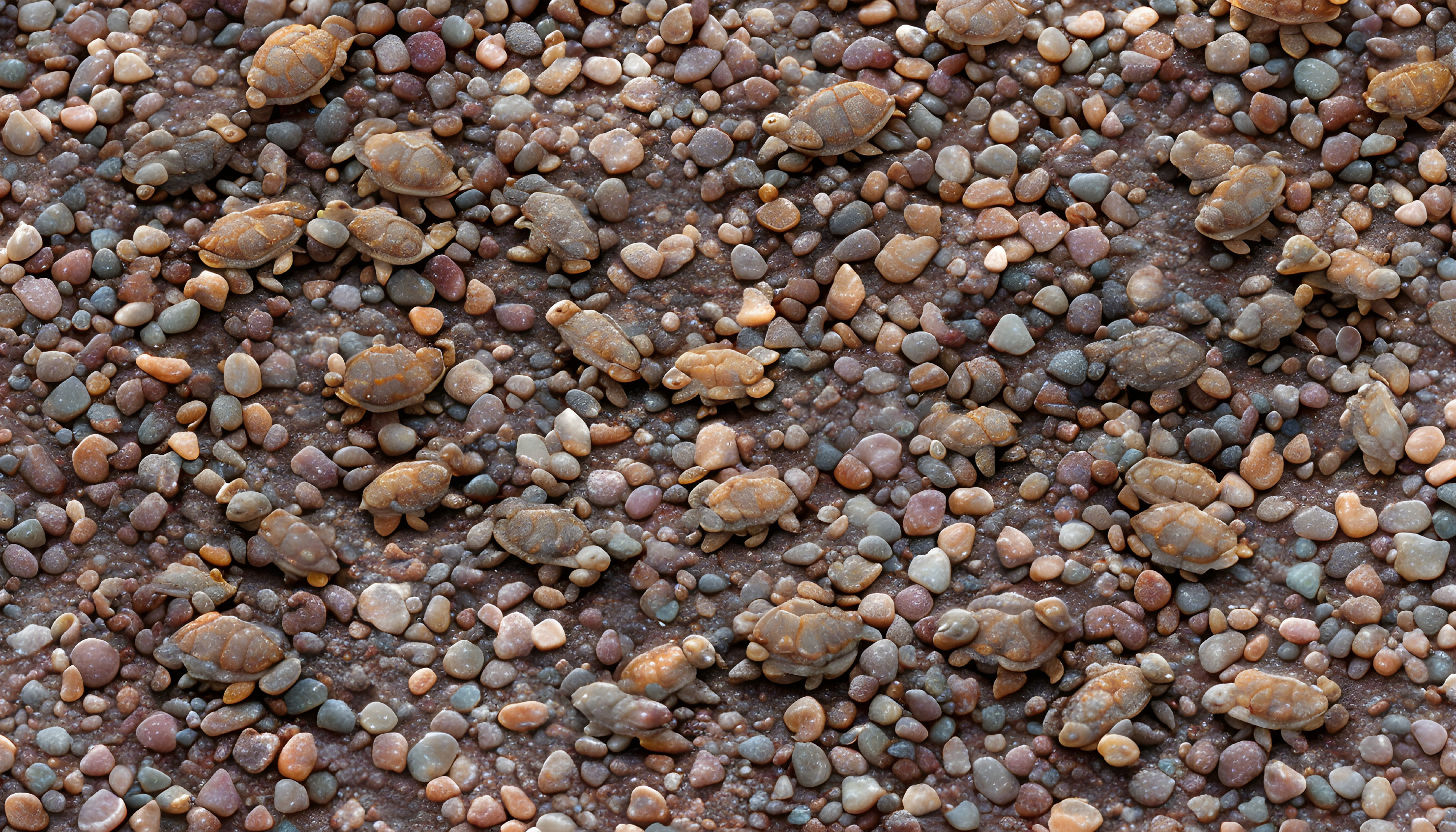 Baby Turtles Crawling on Pebble Beach Towards Sea