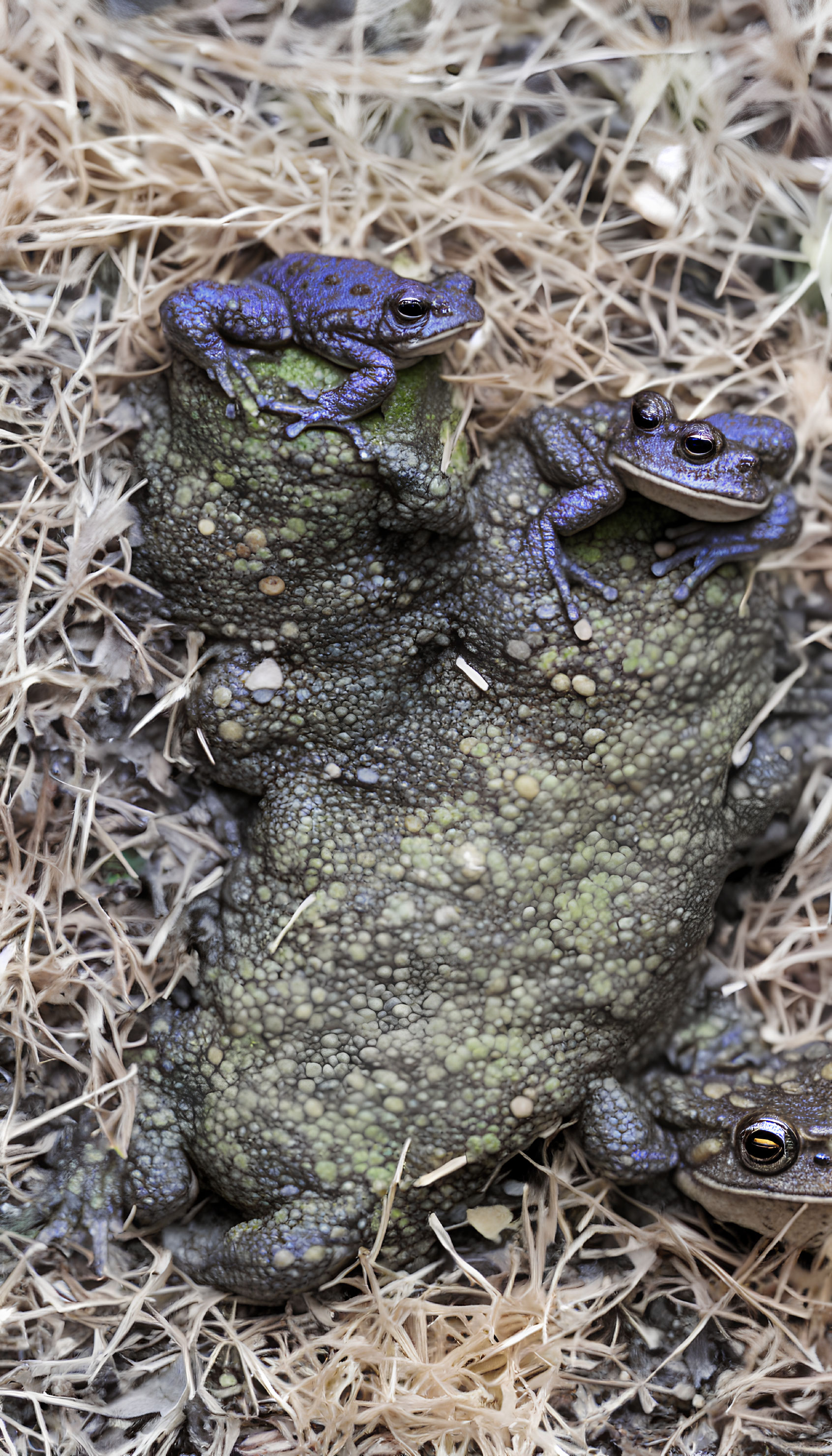 Four frogs on dry grass and leaves - small ones on a larger frog's back.