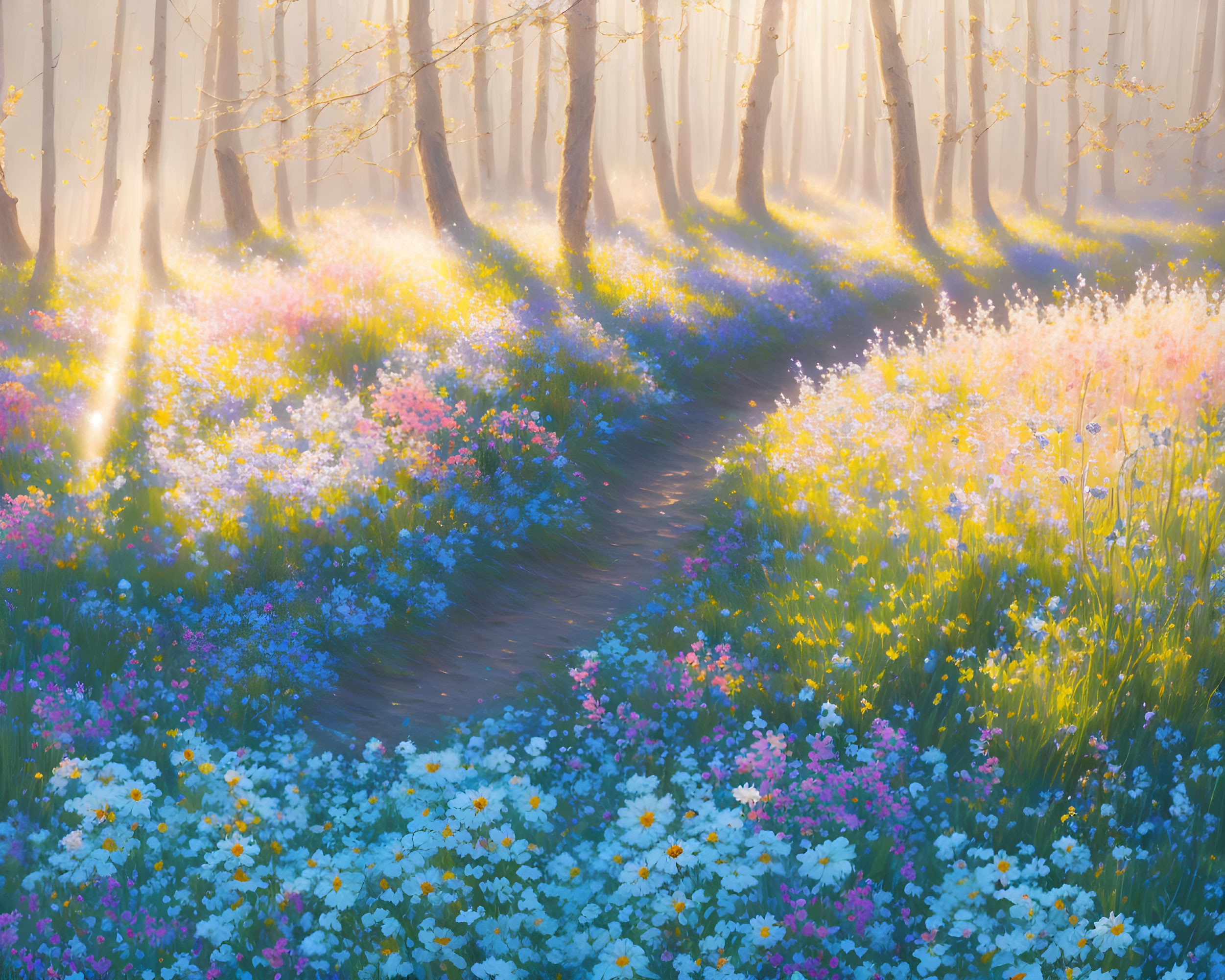 Sunlit Forest Path with Scattered Wildflowers and Beams of Light