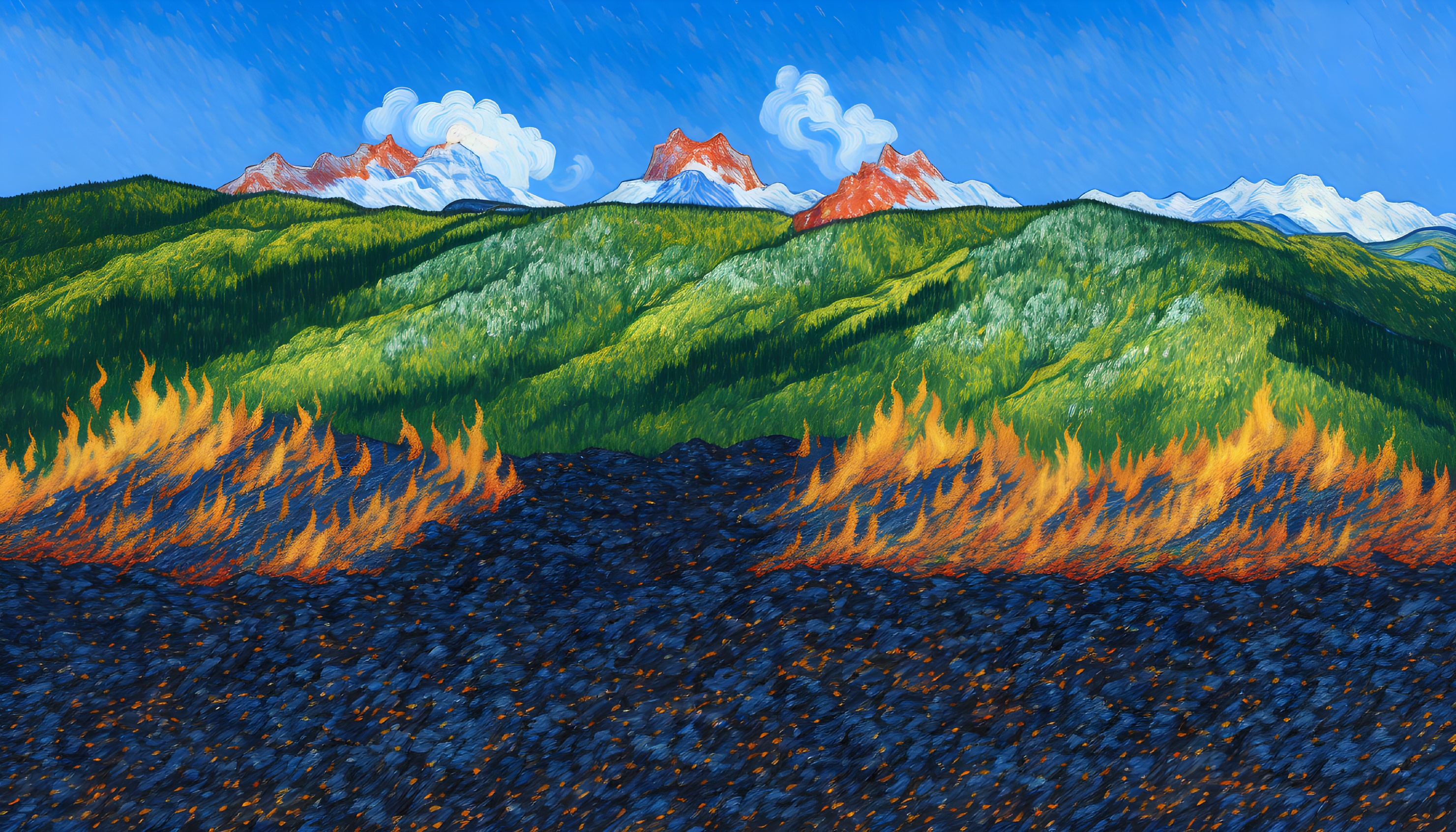 Illustration of wildfire near forested mountain range