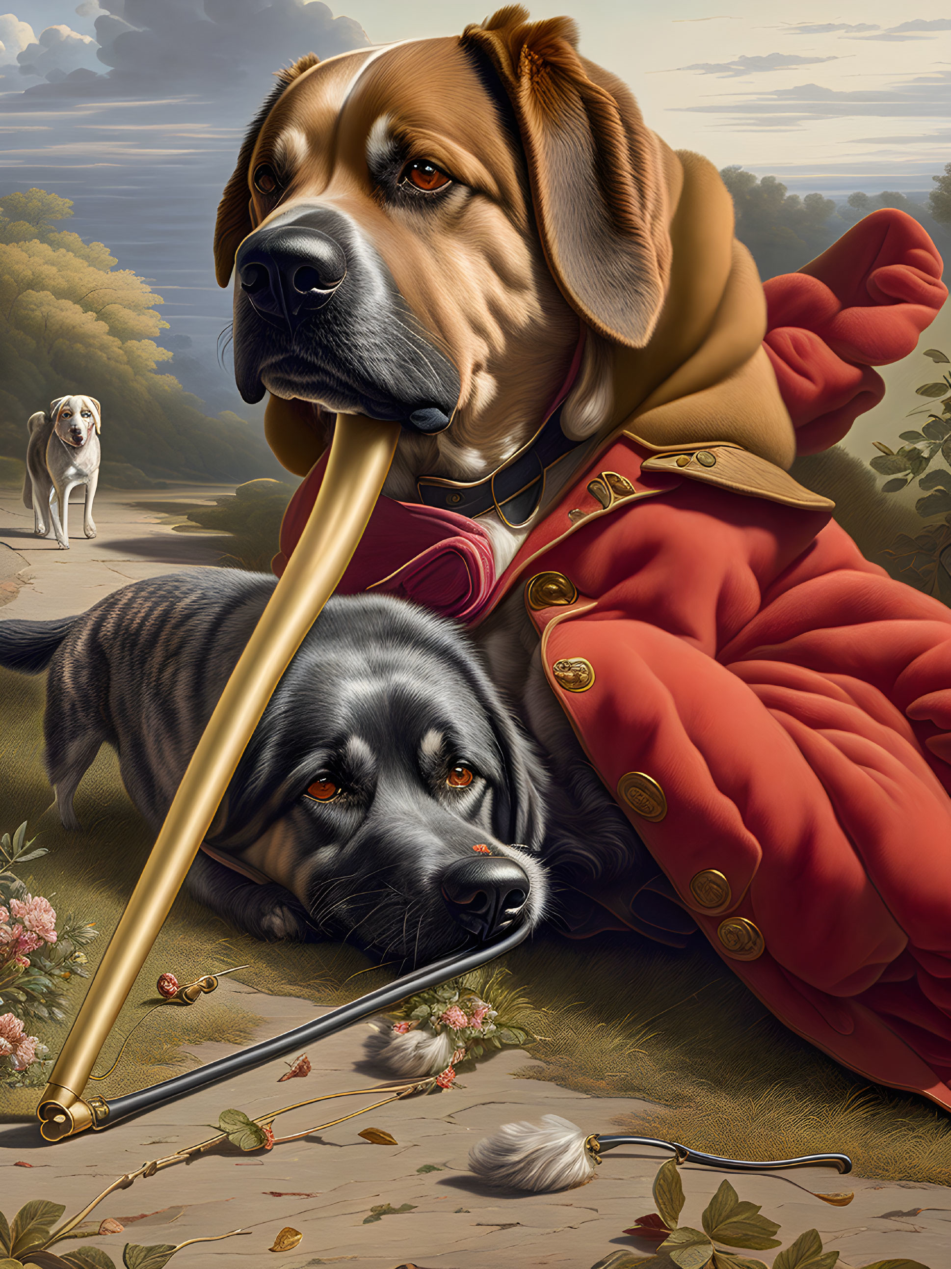 Surreal painting of regal dogs with trumpet in pastoral sunset scene