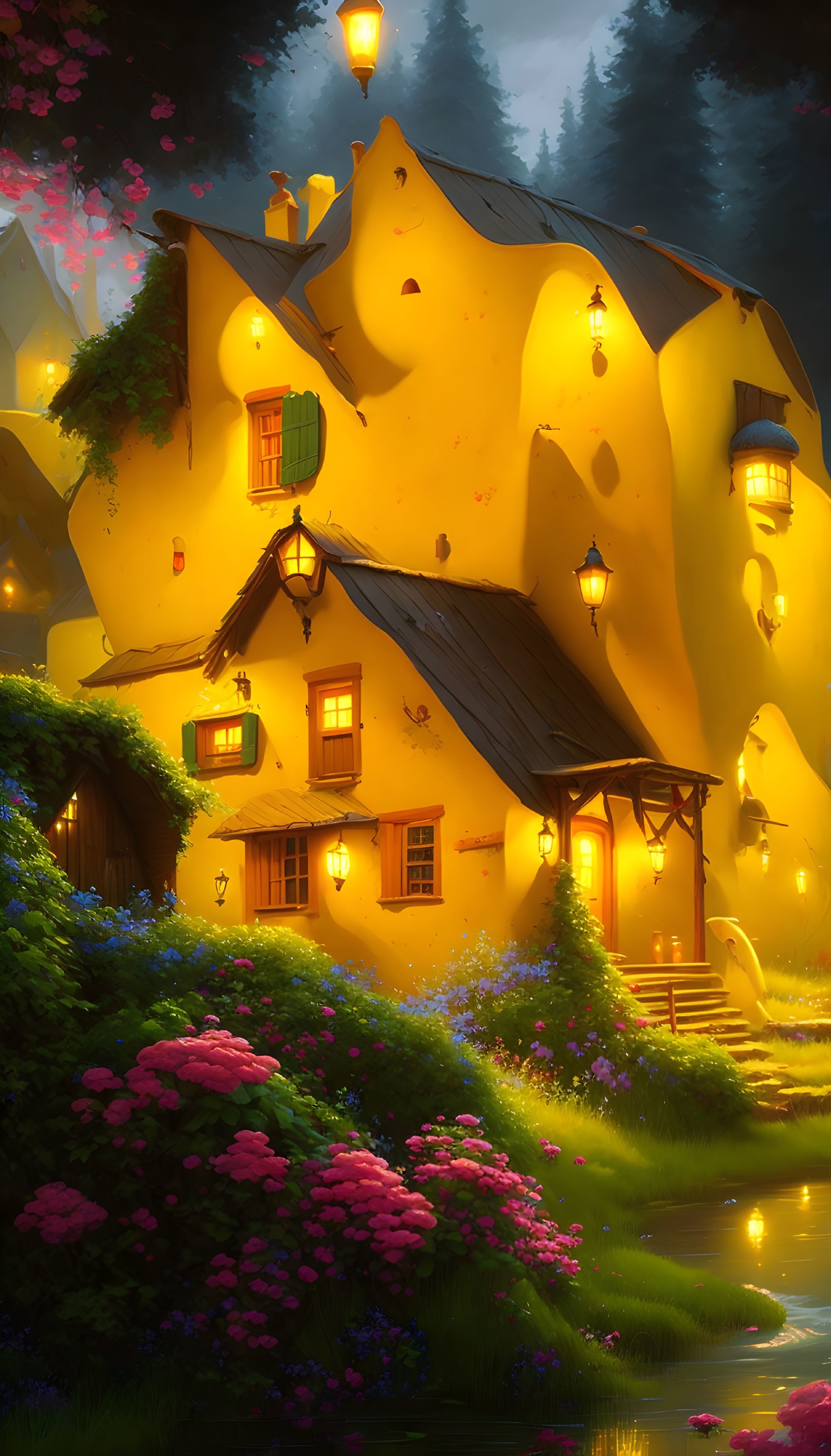 Yellow Fantasy Cottage Surrounded by Lush Flora and River at Twilight