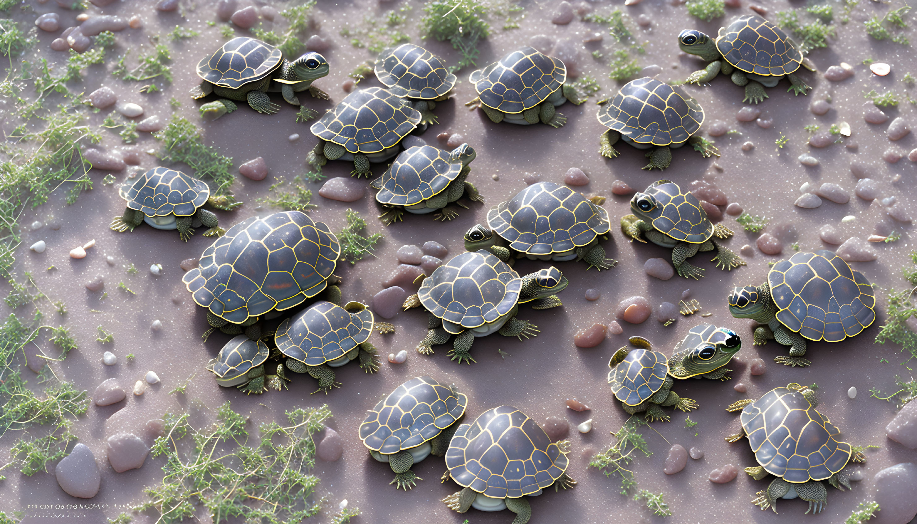 Illustrated Tortoises with Patterned Shells on Rocky Surface