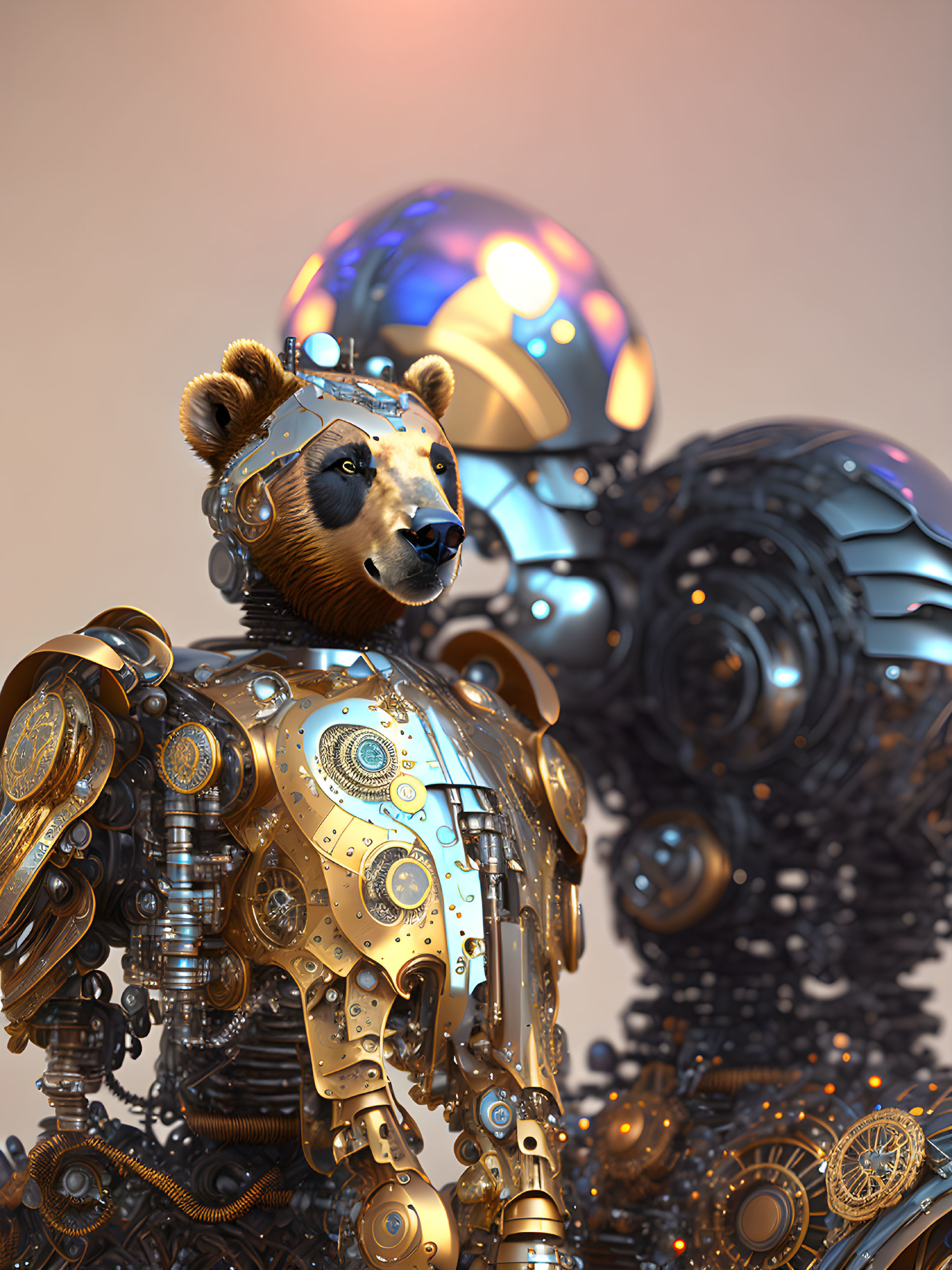 Intricate steampunk robotic bear with metallic details