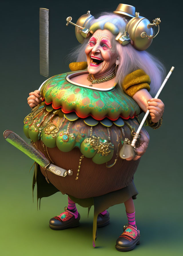 Colorful animated character with elaborate headgear and bright makeup holding wand and comb