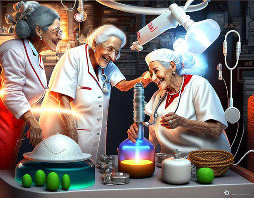 Vibrant lab scene: Animated elderly female scientists in colorful experiment.