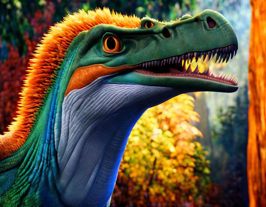 Vibrant animated dinosaur with yellow eyes and sharp teeth in forest setting