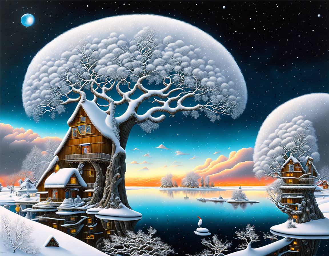 Snow-covered houses and trees in a winter sunset with stars and crescent moon