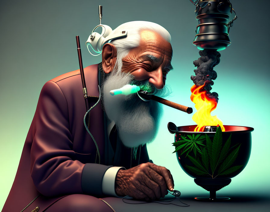 Stylized illustration of elderly man lighting pipe against abstract background