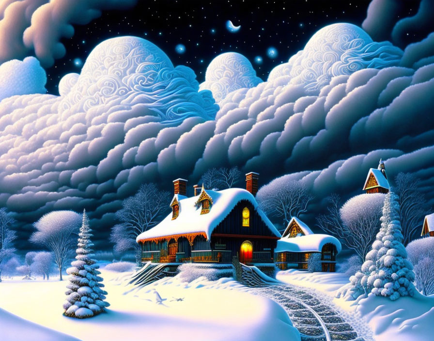 Snowy trees surround cozy cottage under starry night sky