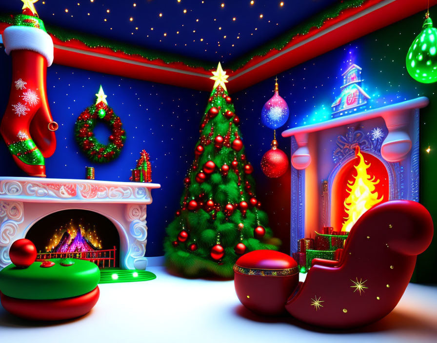 Festive Christmas scene with tree, fireplace, sleigh, and presents