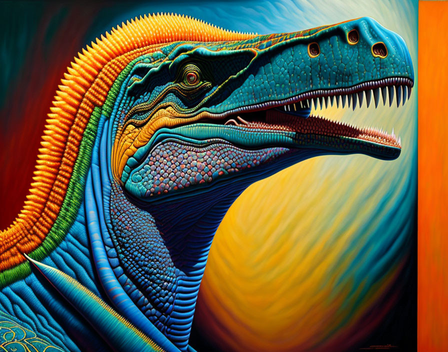 Vibrant Velociraptor painting with colorful patterns and frill