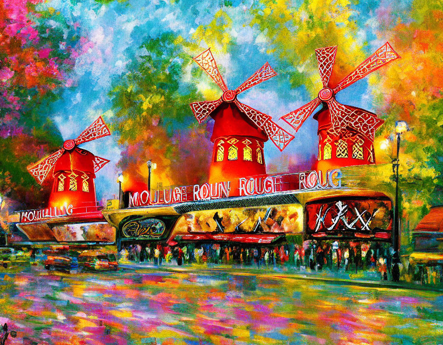 Vibrant Moulin Rouge painting with colorful skies and red windmills