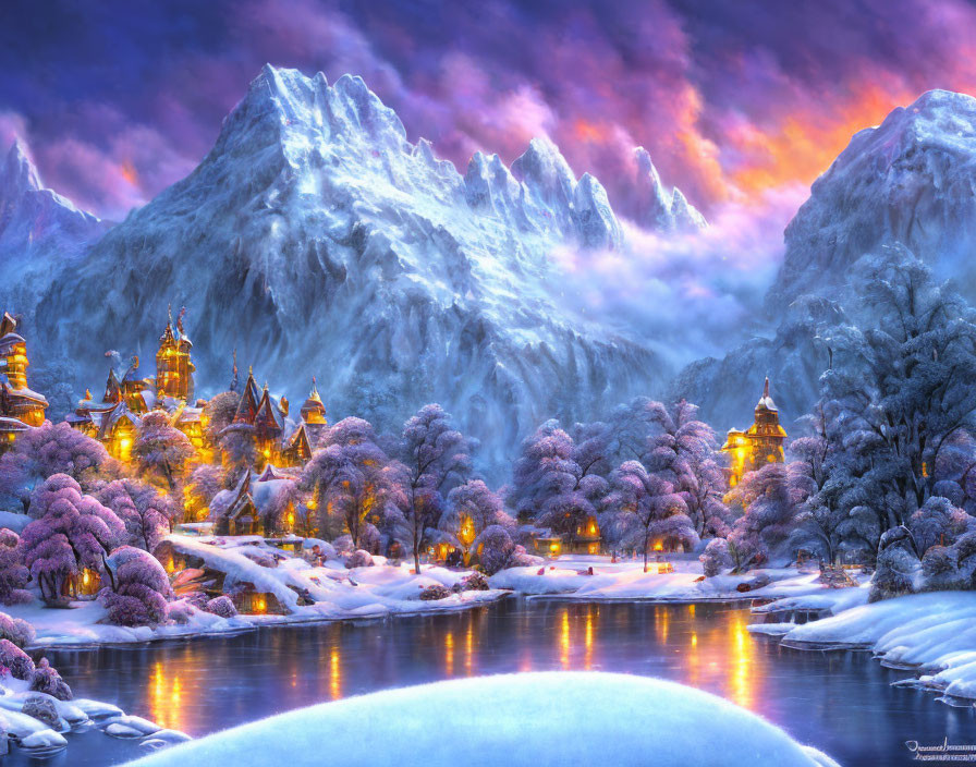 Fantasy Winter Landscape with Golden Castles and Snowy Mountains