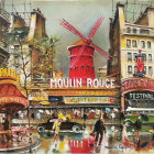 Vibrant Moulin Rouge painting with colorful skies and red windmills