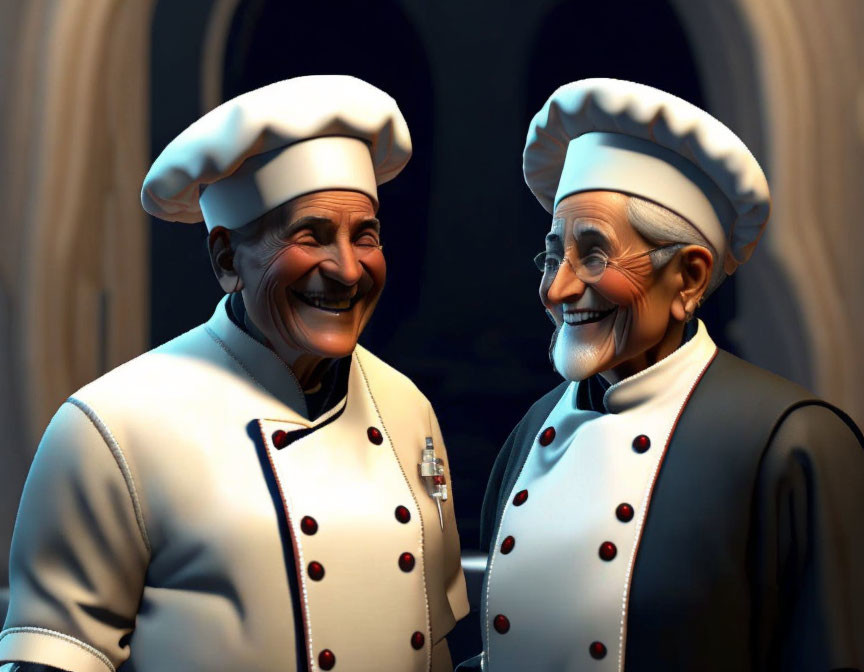 Two smiling animated chefs in traditional white uniforms and hats