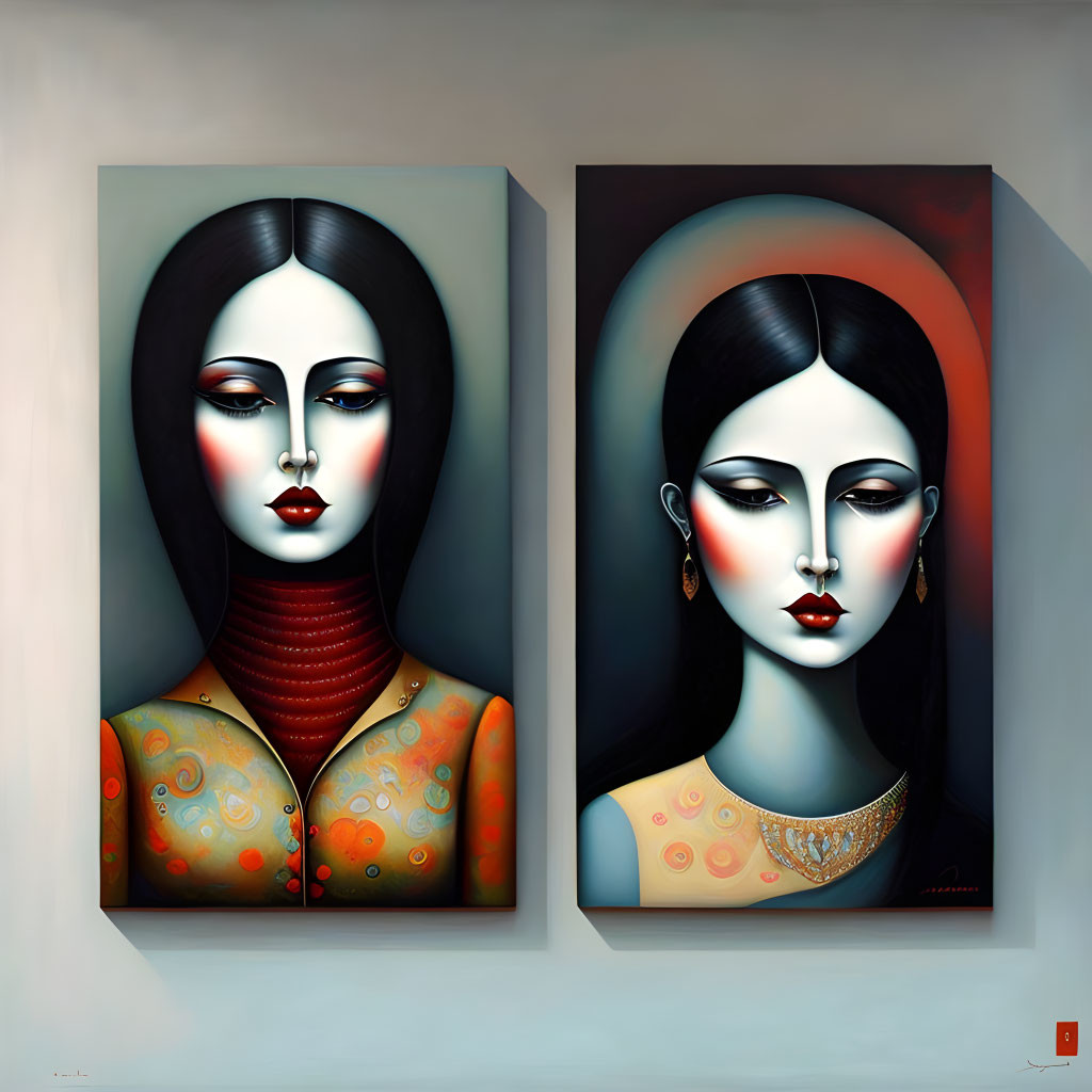 Stylized portraits of women with elongated features and striking red lips on canvas