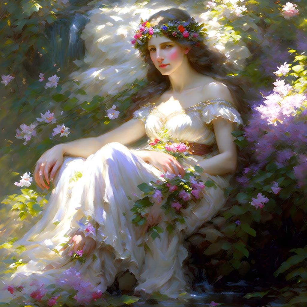 Woman in white dress surrounded by blooming garden, wearing flower crown and holding bouquet in soft sunlight.