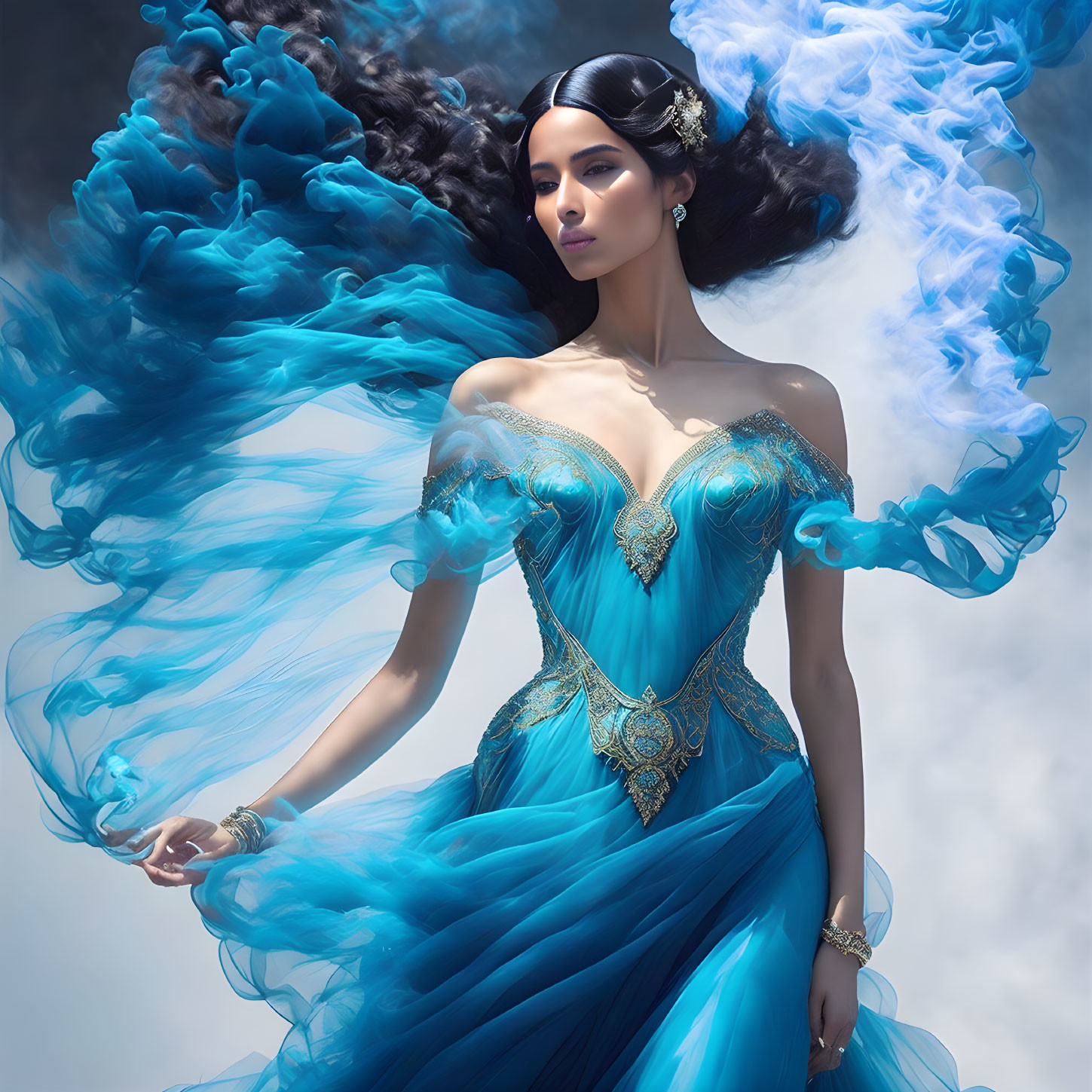 Ethereal woman in ornate blue dress against misty backdrop