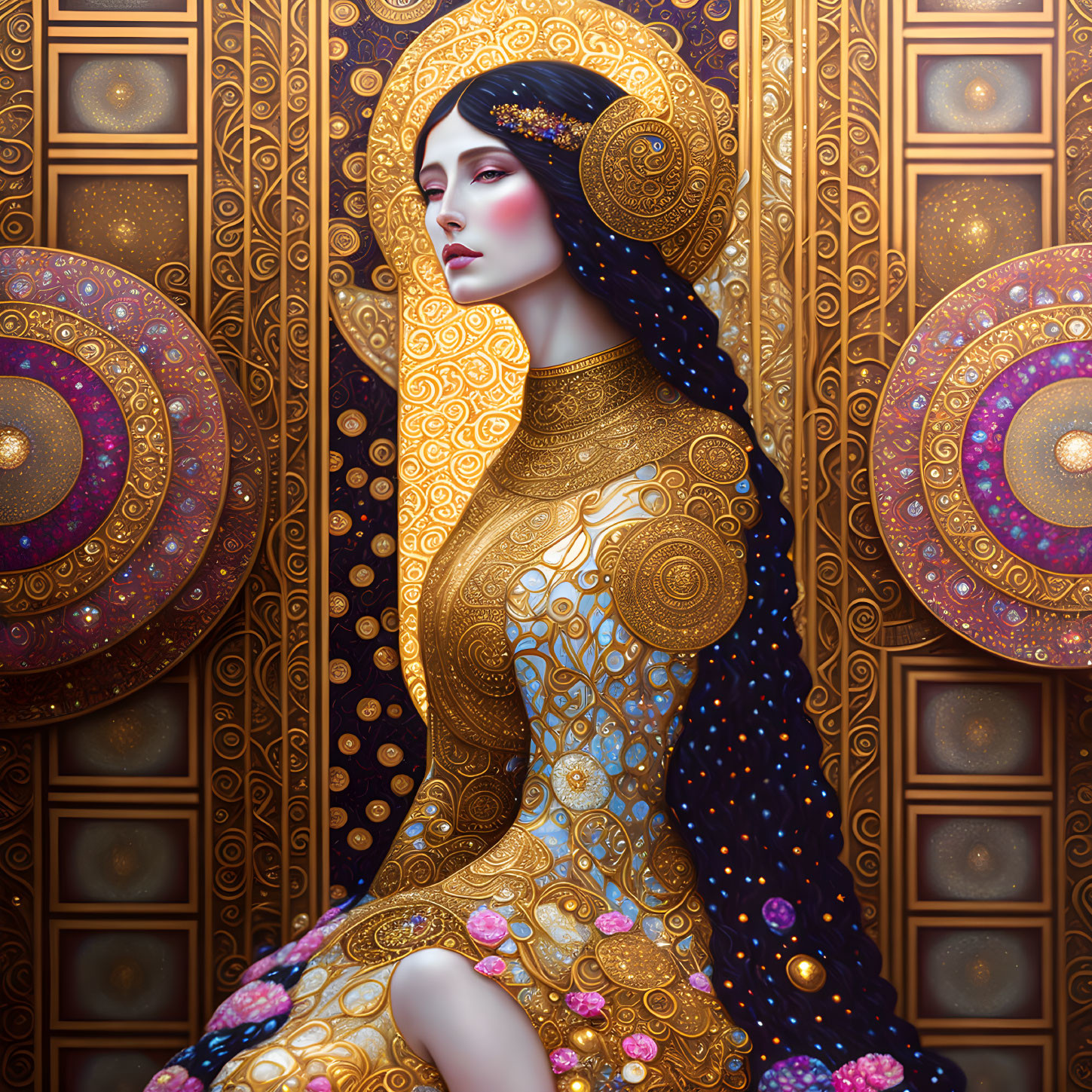 Art Nouveau-inspired woman in ornate gold attire on geometric background