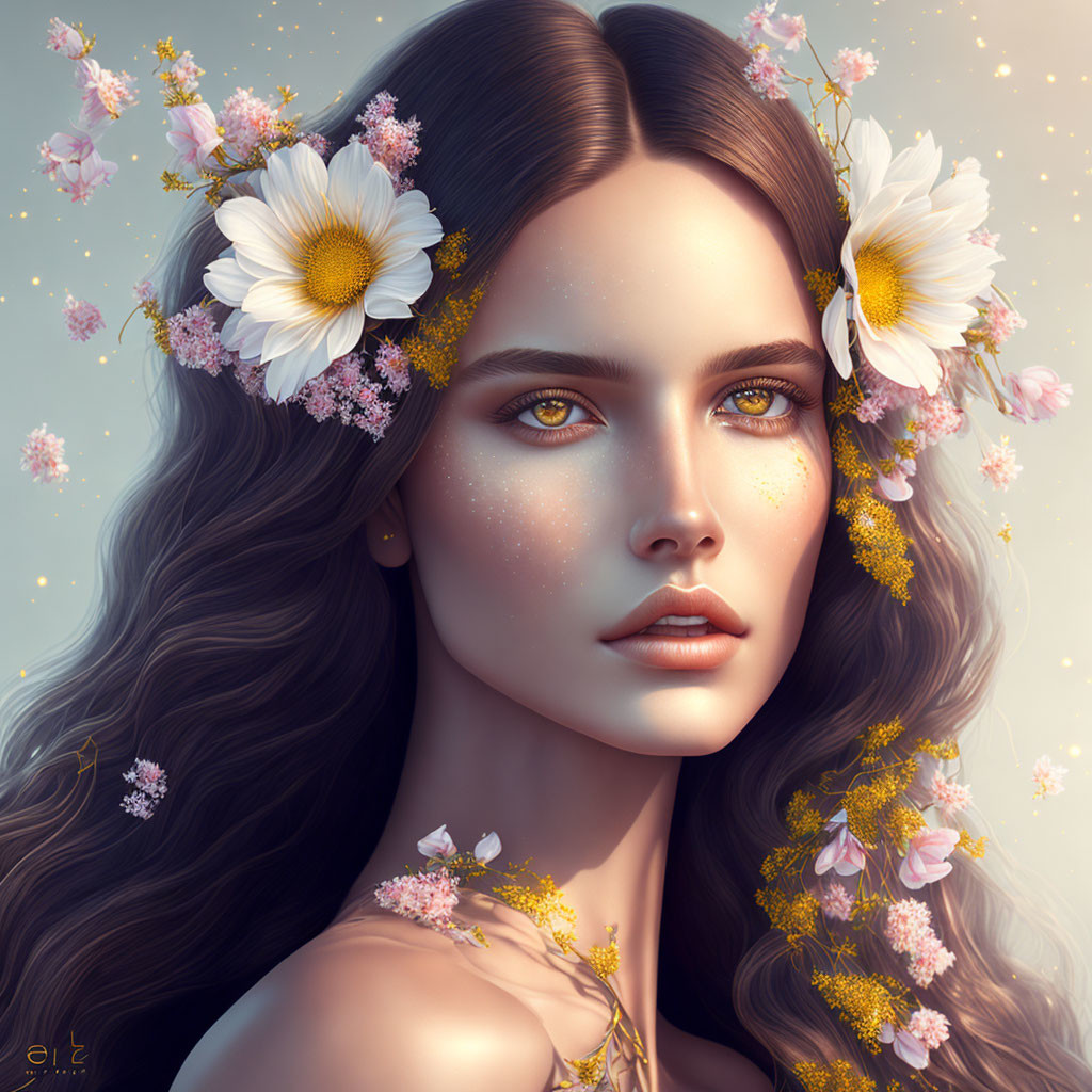 Digital portrait of woman with long wavy brown hair, yellow eyes, and floral crown.