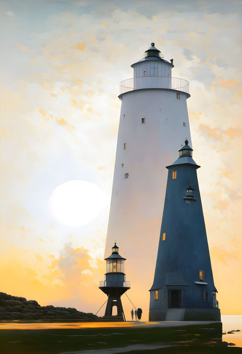 White lighthouse with blue accents at sunset with silhouetted figures