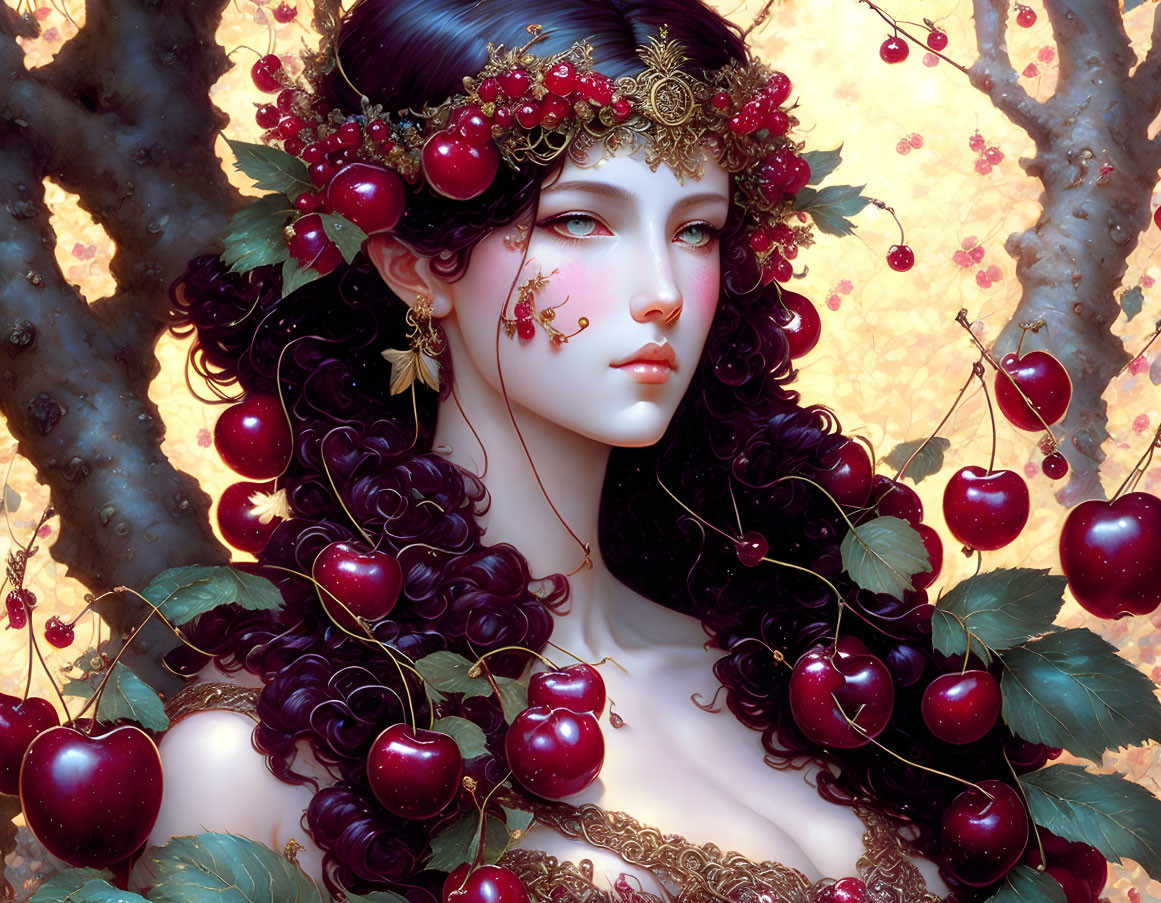 Dark Curly-Haired Woman with Cherry Crown in Cherry Tree Setting