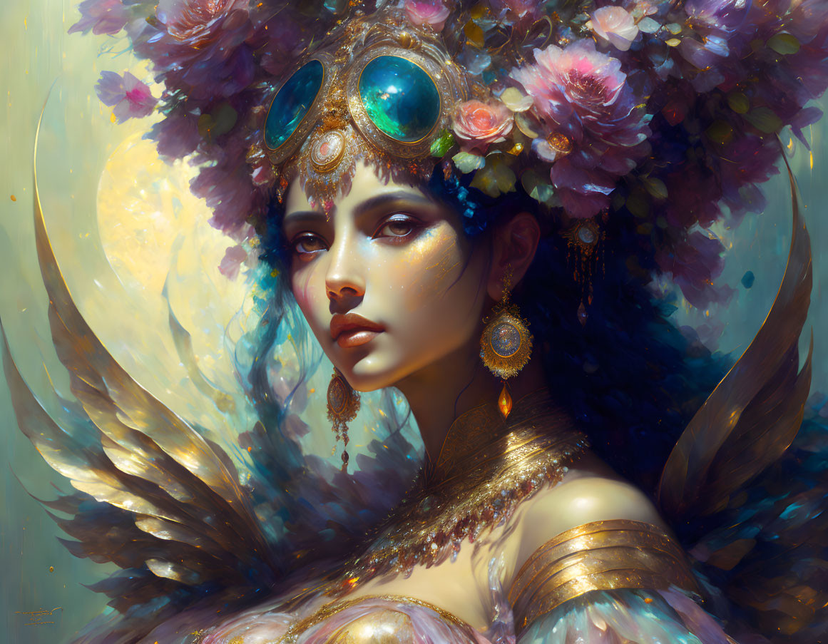 Portrait of woman with floral headdress, goggles, and golden jewelry in ethereal setting