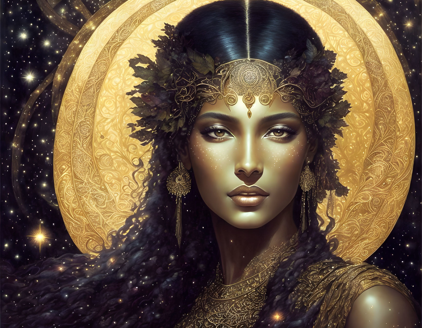 Dark-haired woman with golden jewelry and headdress in starry background.