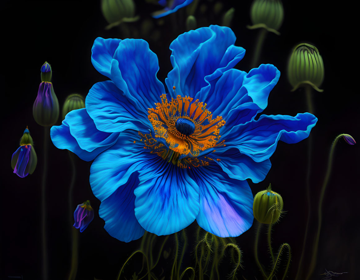 Vibrant blue poppy with golden-yellow center on dark background