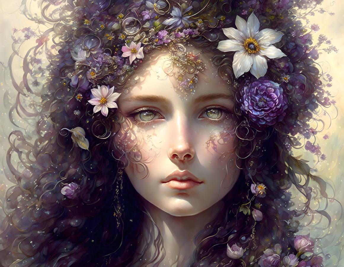 Detailed illustration of woman with curly hair, flowers, jewelry, and hovering bees