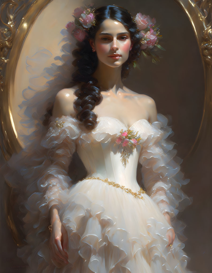 Woman in white gown with floral hair ornaments standing by ornate mirror