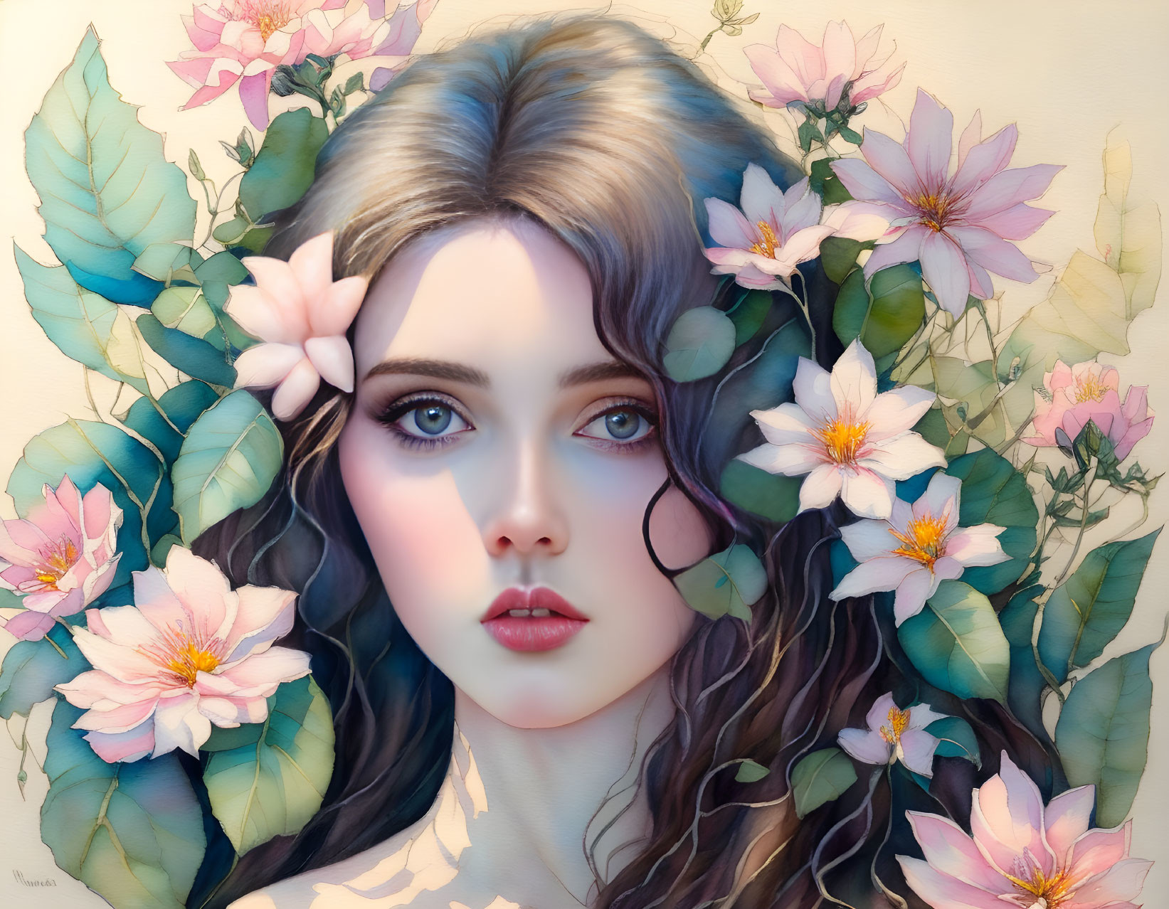 Portrait of woman with large, expressive eyes and flowers, emanating ethereal beauty