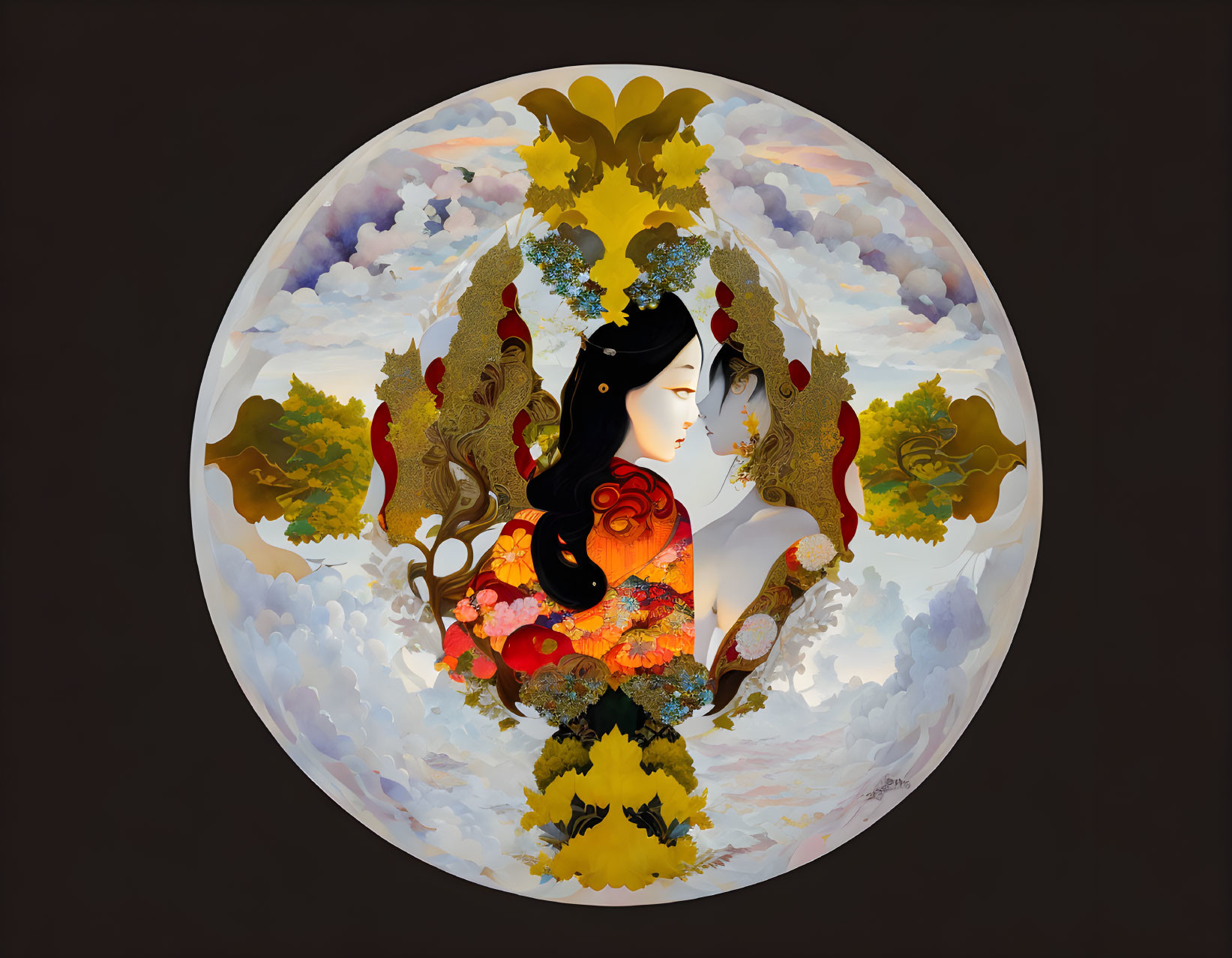 Circular Artwork of Stylized Woman with Golden Foliage and Flowers