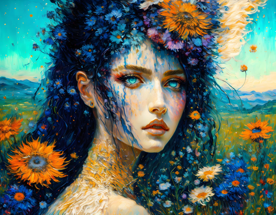 Colorful painting of a woman with blue eyes in floral headdress among vibrant flowers