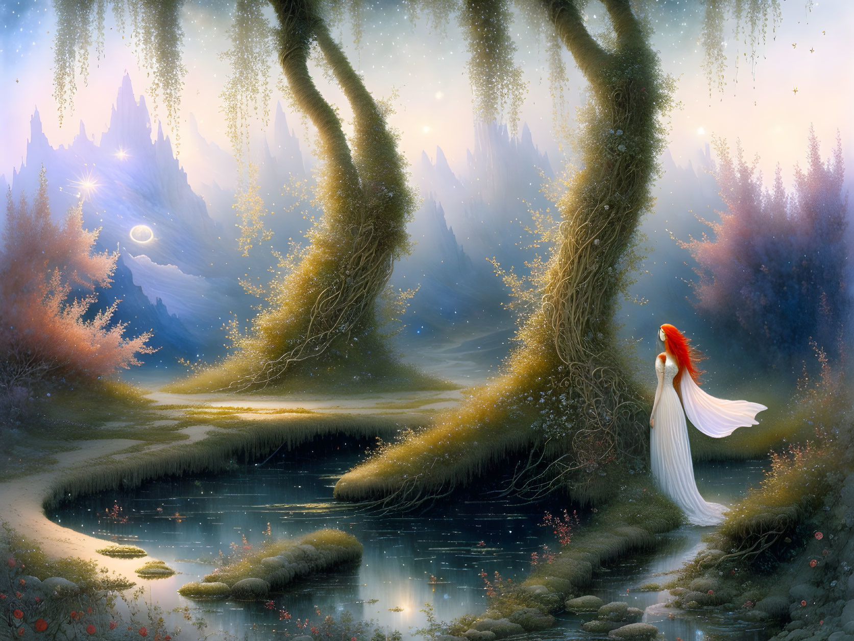 Fantasy landscape at twilight with woman by serene lake