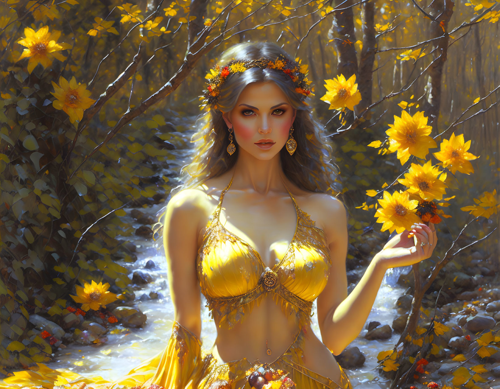 Woman in Golden Outfit Among Sunlit Forest and Flowers