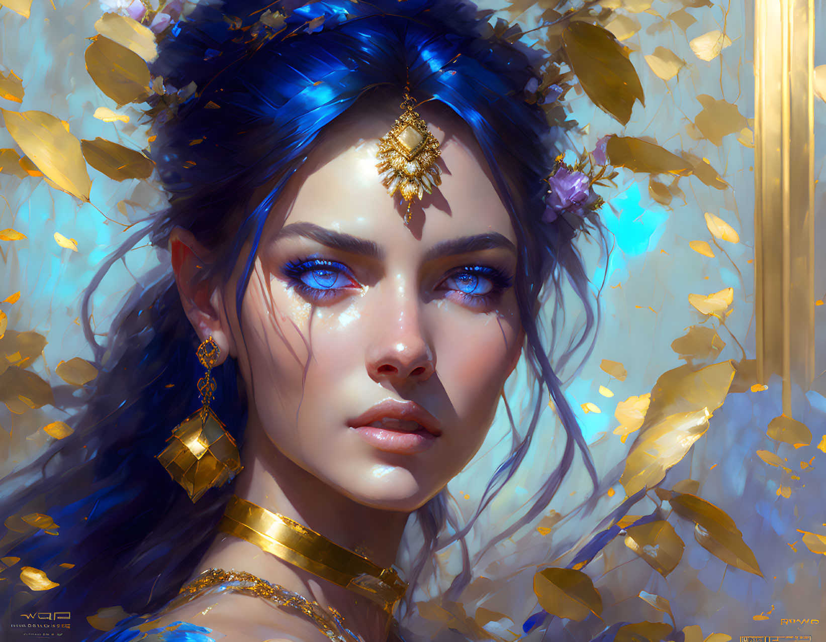 Digital artwork featuring woman with blue hair & eyes, gold jewelry, surrounded by golden leaves