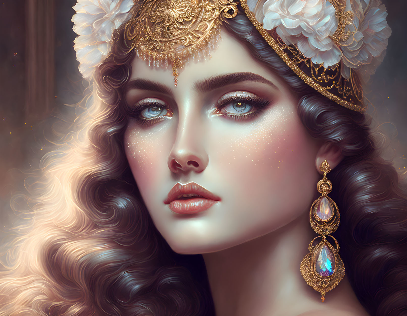 Digital portrait of a woman with gold jewelry, white flowers, sparkling makeup, and blue eyes