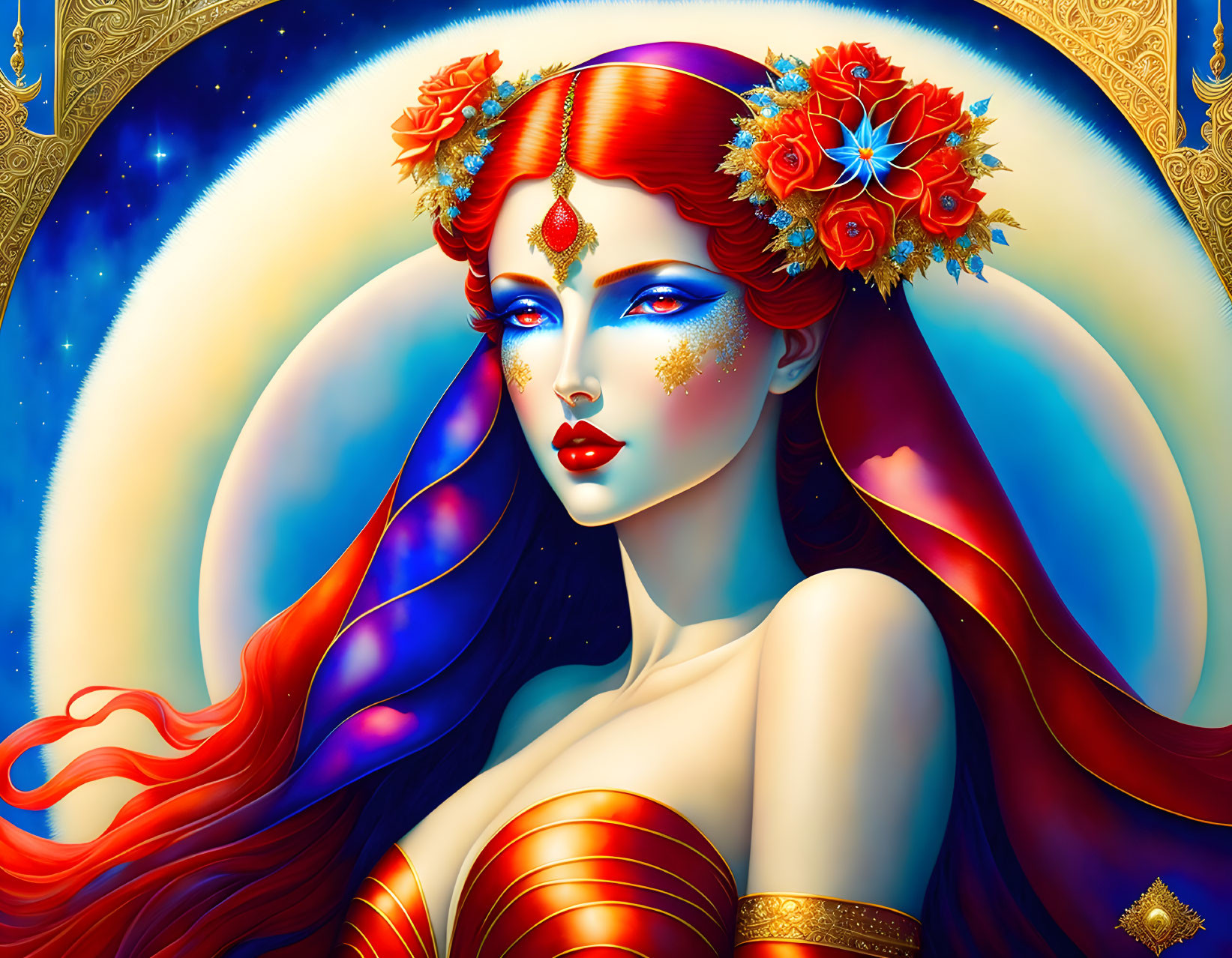 Portrait of mystical woman with red hair, flowers, gold, full moon, starry sky