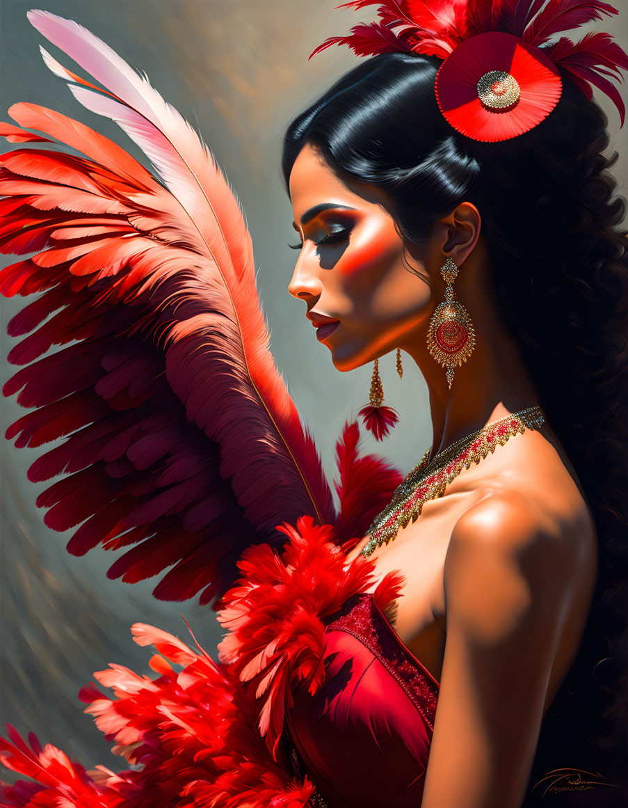 Woman in Striking Red Feathered Costume with Gold Jewelry