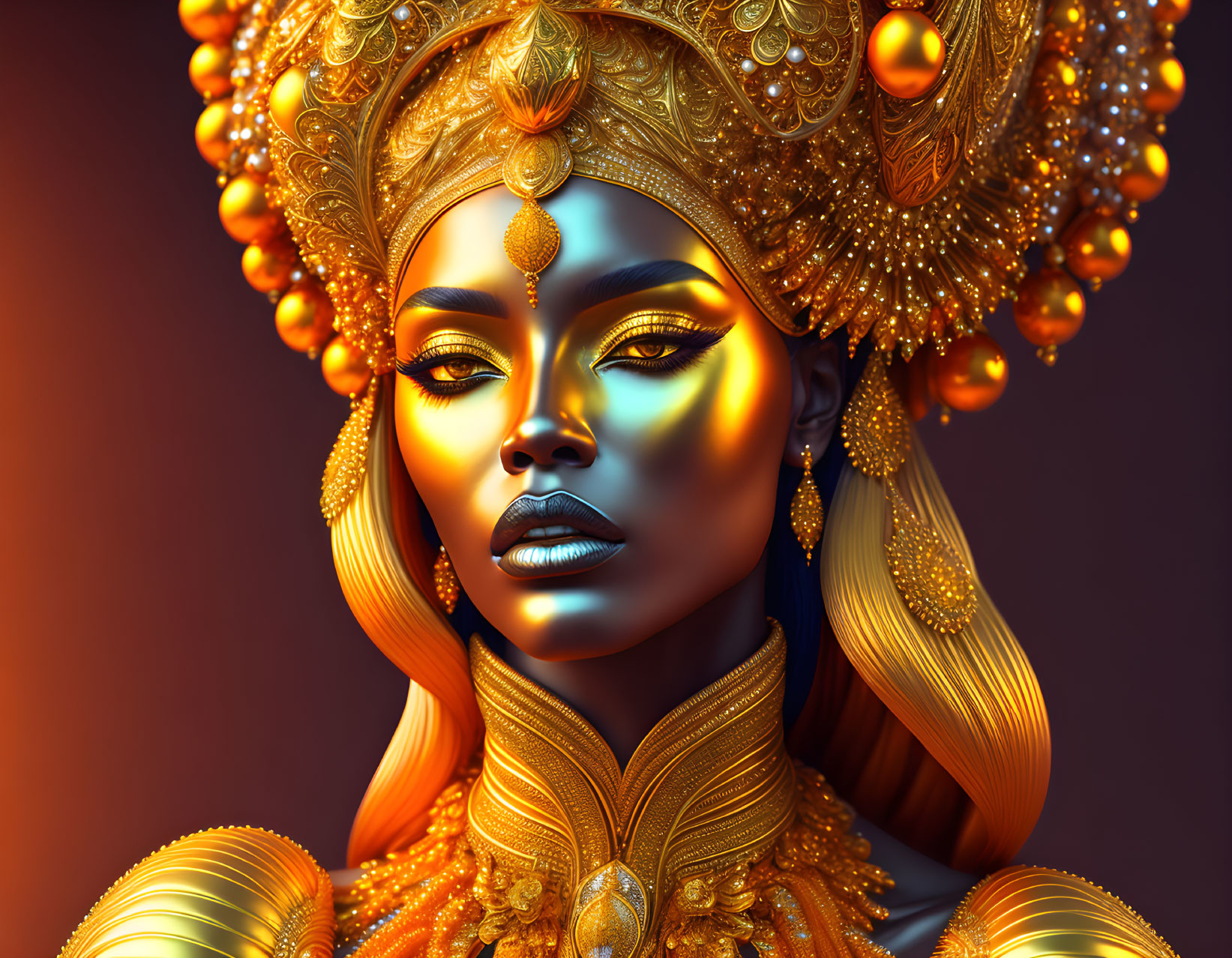 African queen digital artwork with golden headdress and glowing skin