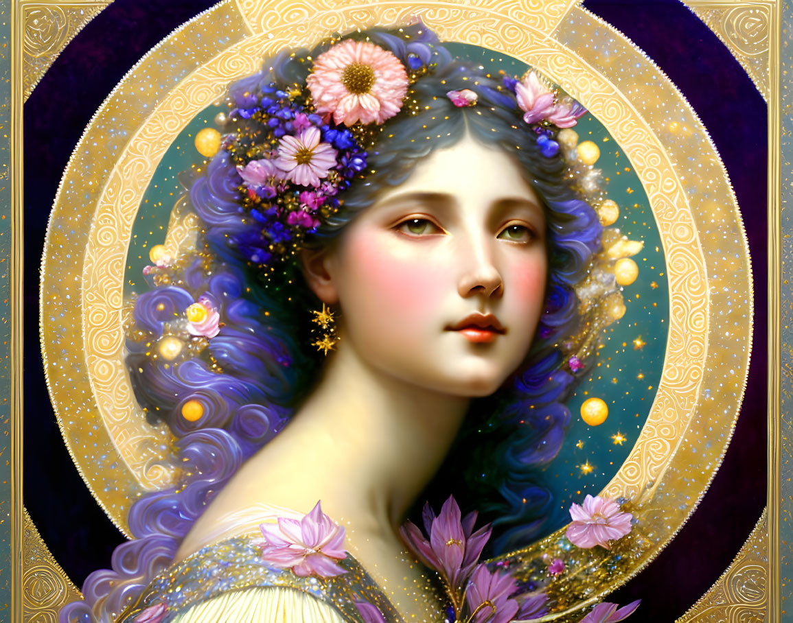 Woman with Floral Adornments and Golden Halo in Classical-Fantasy Art