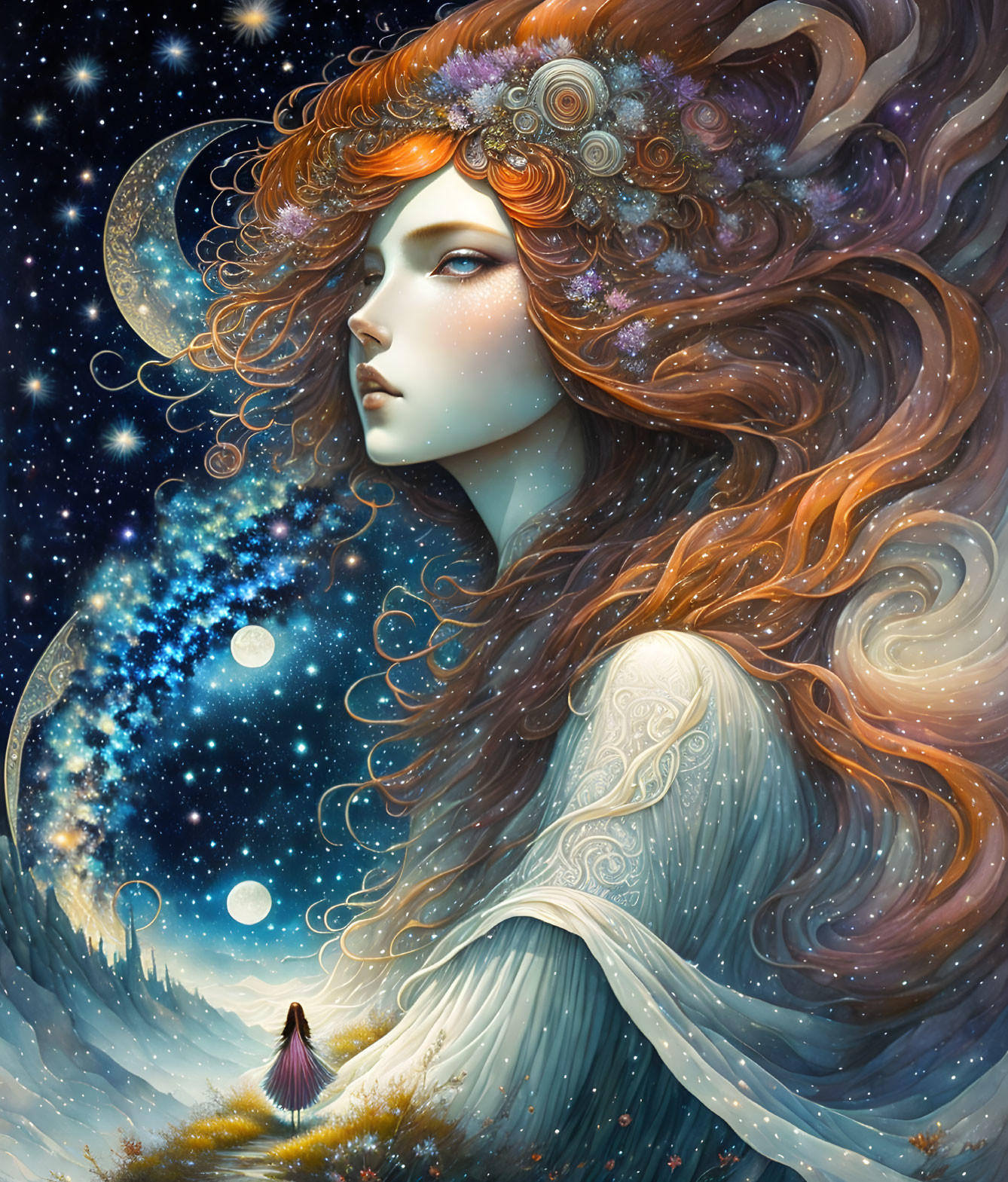 Ethereal cosmic-themed woman illustration with flowing hair and moon headpiece