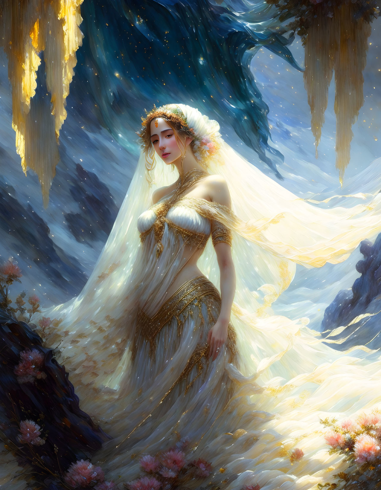 Radiant woman in golden wedding gown in mystical landscape