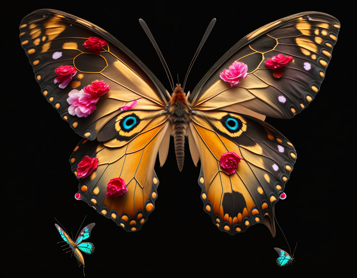 Colorful digital artwork of a large butterfly with intricate eye patterns and floral wings, flanked by two