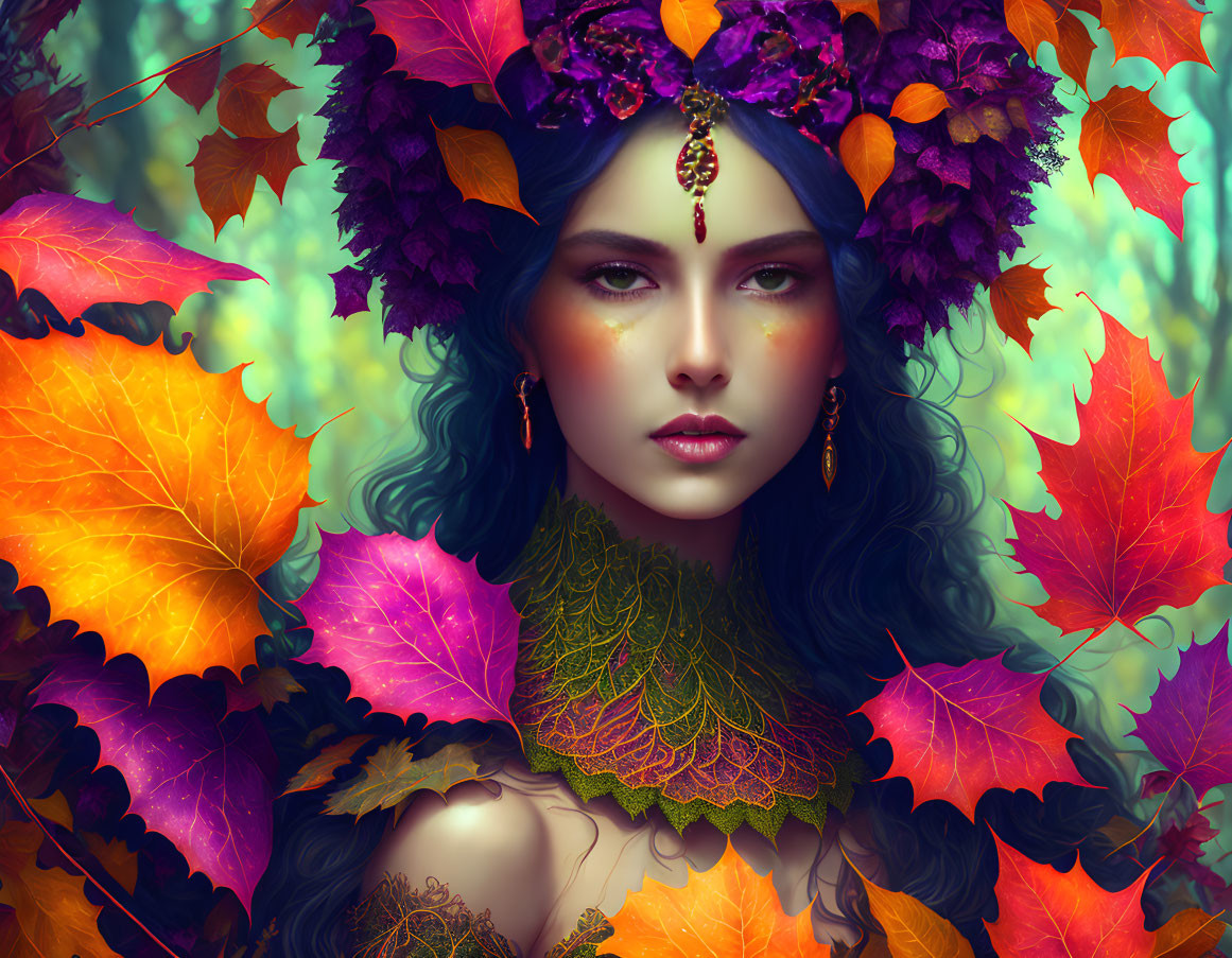 Vibrant autumn-themed digital illustration of a woman with jeweled headpiece