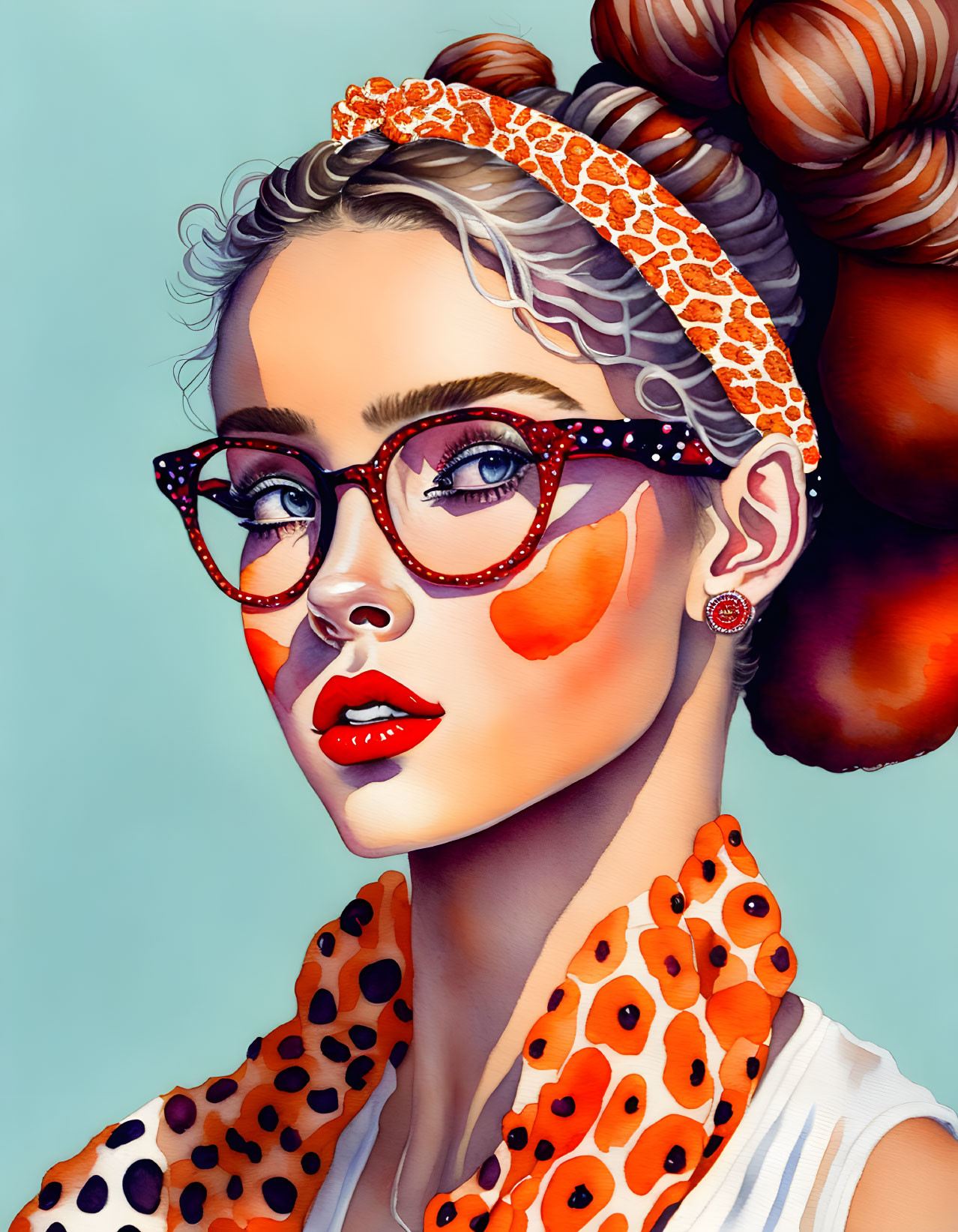 Stylish woman portrait with glasses, polka dot hairband, bold makeup, and chunky