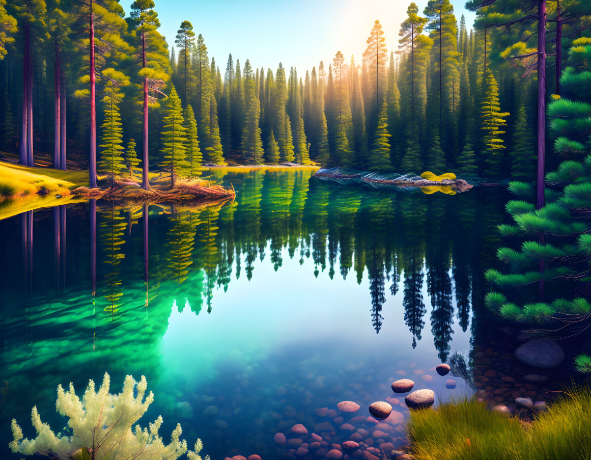 Tranquil forest scene with tall pines reflected in serene lake